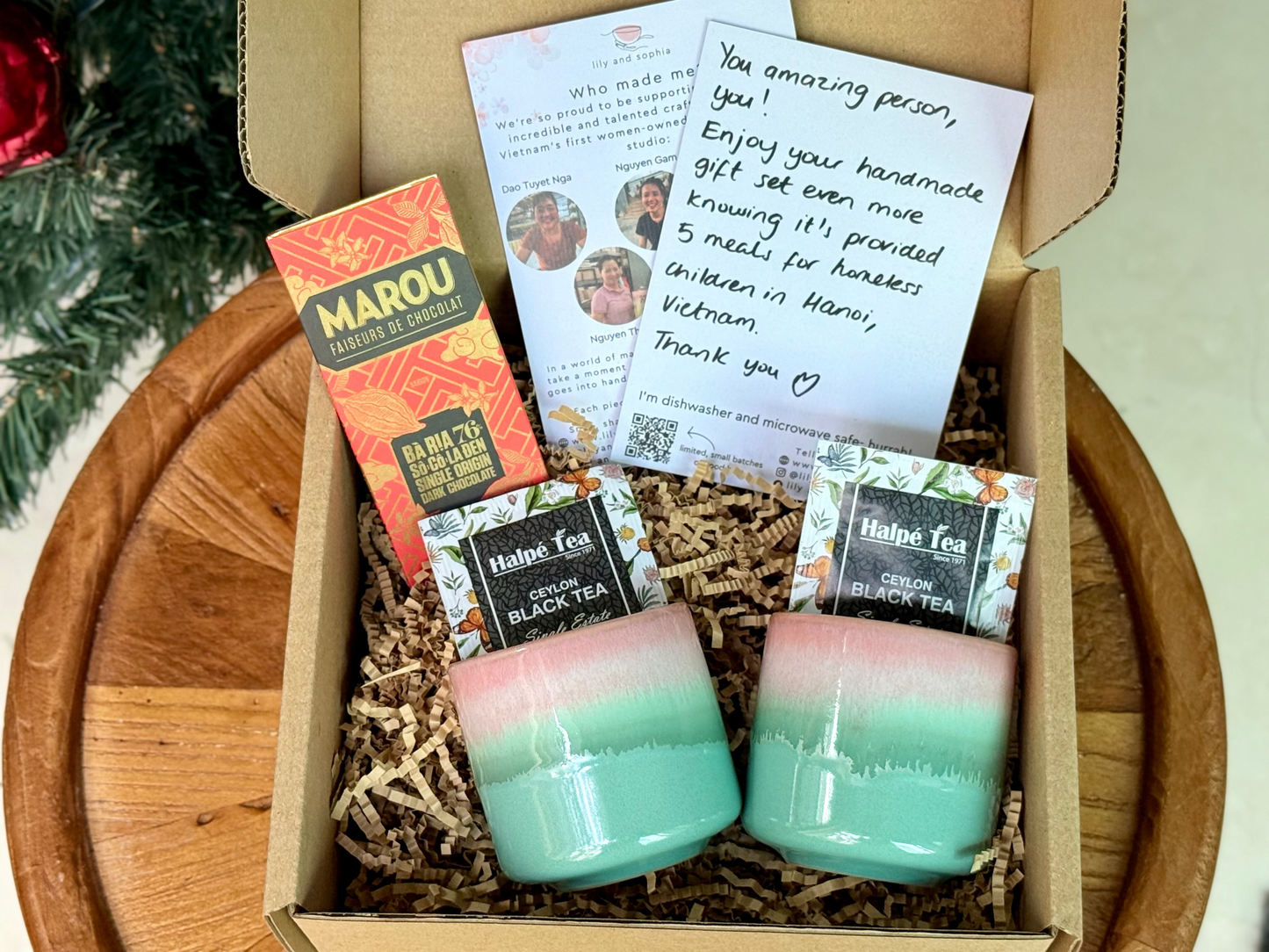 gift set with handmade cups. tea and chocolate